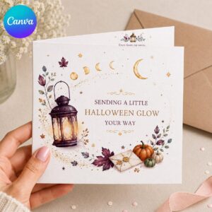 Long Distance Halloween Greeting Card, Thinking of You Autumn Lantern Printable, Editable Folded Card Canva Template