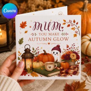 Halloween Greeting Card for Mum, Cute Autumn Pumpkin and Ghost Printable, Editable Folded Card Canva Template