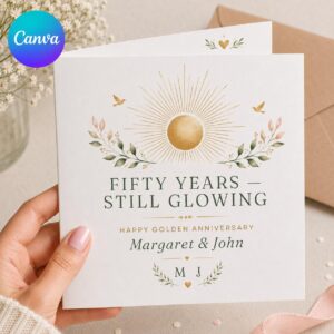 50th Anniversary Greeting Card, Golden Wedding Card for Couple, Elegant Printable Editable Folded Card Canva Template