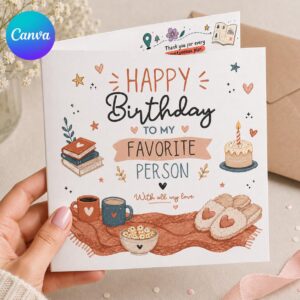 Birthday Greeting Card for Favorite Person, Cozy Sentimental Printable, Colorful Editable Folded Card Canva Template