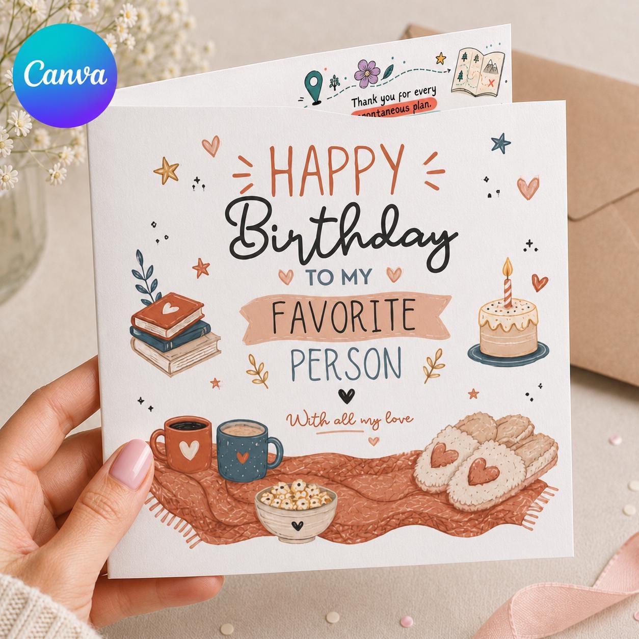 Birthday Greeting Card for Favorite Person, Cozy Sentimental Printable, Colorful Editable Folded Card Canva Template