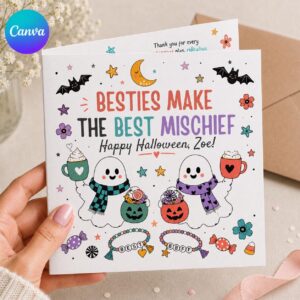 Halloween Greeting Card for Best Friend, Cute Ghost Besties Printable, Colorful Editable Folded Card Canva Template