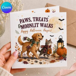 Pet Halloween Greeting Card, Dog and Cat Moonlight Walks Printable, Cozy Autumn Editable Folded Card Canva Template