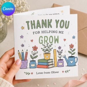 Teacher Thank You Greeting Card, Helping Me Grow Printable from Student, Editable Appreciation Card Canva Template