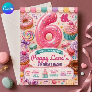 6th Birthday Girl Invitation, Candy Theme Sweet Six Party Invite, Pink Donut Cupcake Lollipop Editable Printable Canva Template