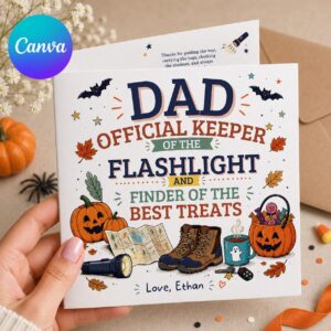 Halloween Greeting Card for Dad, Funny Flashlight and Treats Card, Personalized Printable Folded Card Canva Template