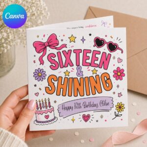 Sweet 16 Greeting Card for Girl, Personalized Sixteen and Shining Birthday Card, Printable Editable Canva Template