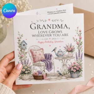 Grandma Birthday Greeting Card, Personalized Floral Garden Card for Grandma, Printable Editable Folded Canva Template