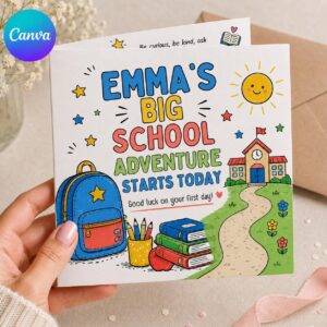 First Day of School Greeting Card, Personalized Back to School Card for Child, Printable Editable Canva Template