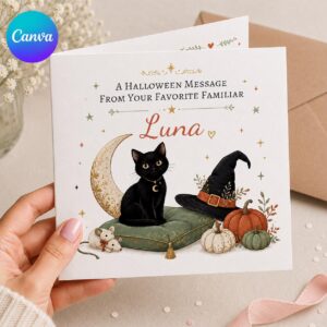 Cat Halloween Greeting Card, Funny Card from the Cat, Personalized Spooky Pet Printable Folded Canva Template