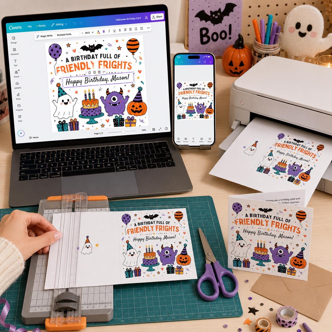 Halloween Birthday Greeting Card for Kids, Friendly Frights Monster Card, Personalized Printable Canva Template - Image 5
