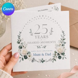 25th Anniversary Greeting Card for Mum and Dad, Silver Wedding Floral Card, Personalized Printable Canva Template
