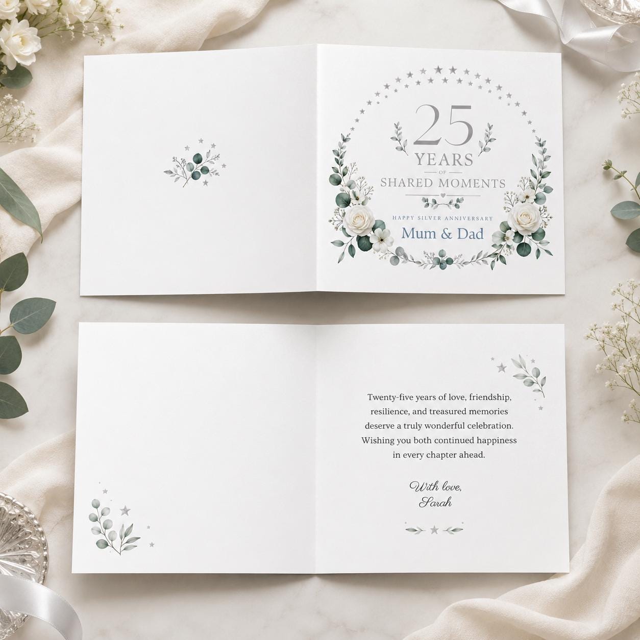 25th Anniversary Greeting Card for Mum and Dad, Silver Wedding Floral Card, Personalized Printable Canva Template - Image 3