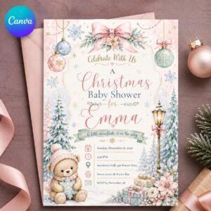 Pink Christmas Baby Shower Invitation, Winter Wonderland Snowflake Teddy Bear Girl Invite, Editable Canva Template