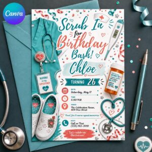 Nurse Birthday Invitation, Scrub In Birthday Bash Medical Theme Adult Party Invite, Teal Coral Editable Canva Template