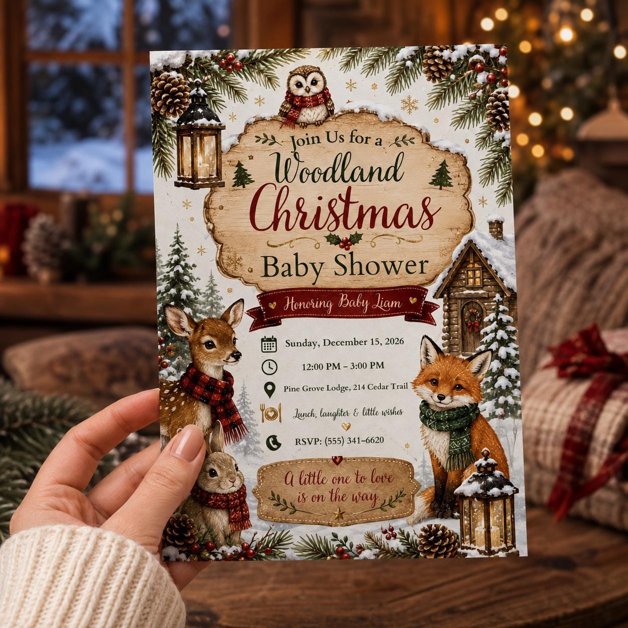 Woodland Christmas Baby Shower Invitation, Winter Forest Animals Deer Fox Owl Rustic Holiday Invite, Editable Canva Template - Image 4