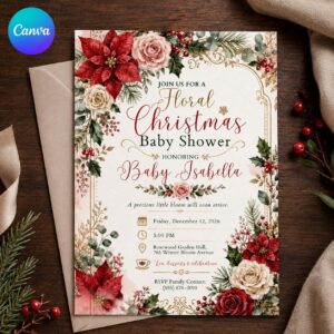 Floral Christmas Baby Shower Invitation, Winter Holiday Girl Baby Sprinkle, Editable Canva Template