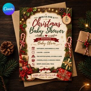 Christmas Baby Shower Invitation, Cute Gingerbread Boy Holiday Party, Editable Canva Template