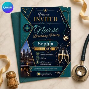 40th Nurse Birthday Invitation, Elegant Navy Gold Medical Party Invite for Women, Adult Celebration, Editable Canva Template