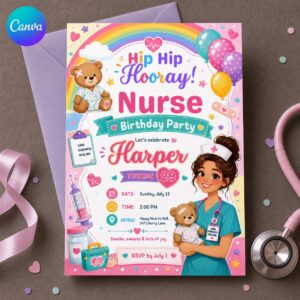Nurse Birthday Invitation, Colorful Medical Party Invite for Her, Cute Adult Nurse Celebration, Editable Canva Template