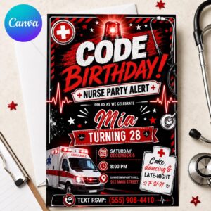 Nurse Birthday Invitation, Red Black Code Birthday 28th Medical Party Alert Editable Canva Template
