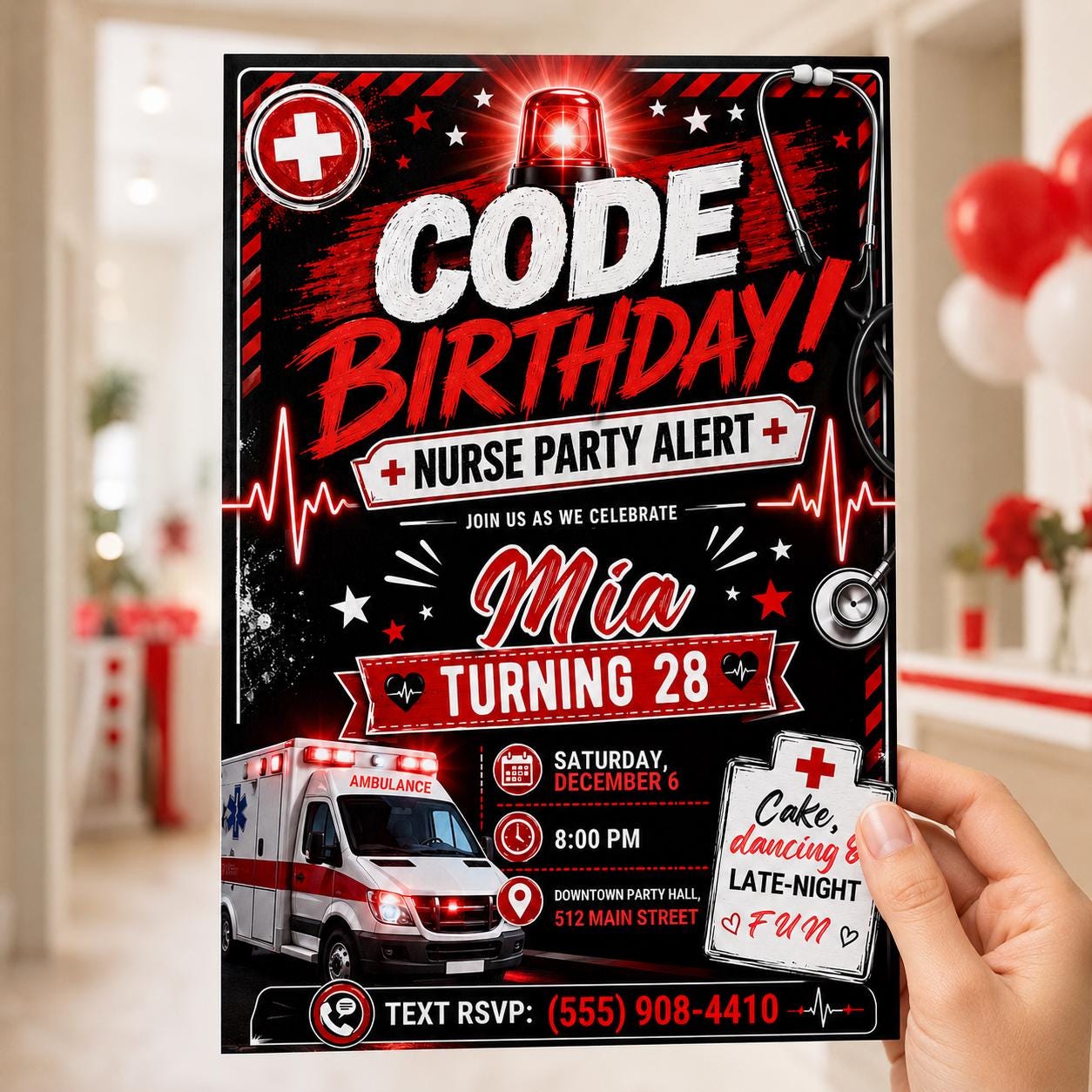 Nurse Birthday Invitation, Red Black Code Birthday 28th Medical Party Alert Editable Canva Template - Image 5
