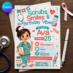 Nurse Birthday Invitation, Cute Scrubs and Smiles 25th Medical Party Editable Canva Template