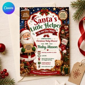Santa Baby Shower Invitation, Christmas Little Helper Boy Winter Holiday Party Editable Canva Template
