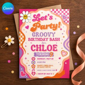 Groovy Birthday Invitation, Retro 70s Girl Party Invite with Pink Orange Flowers, Editable Canva Template