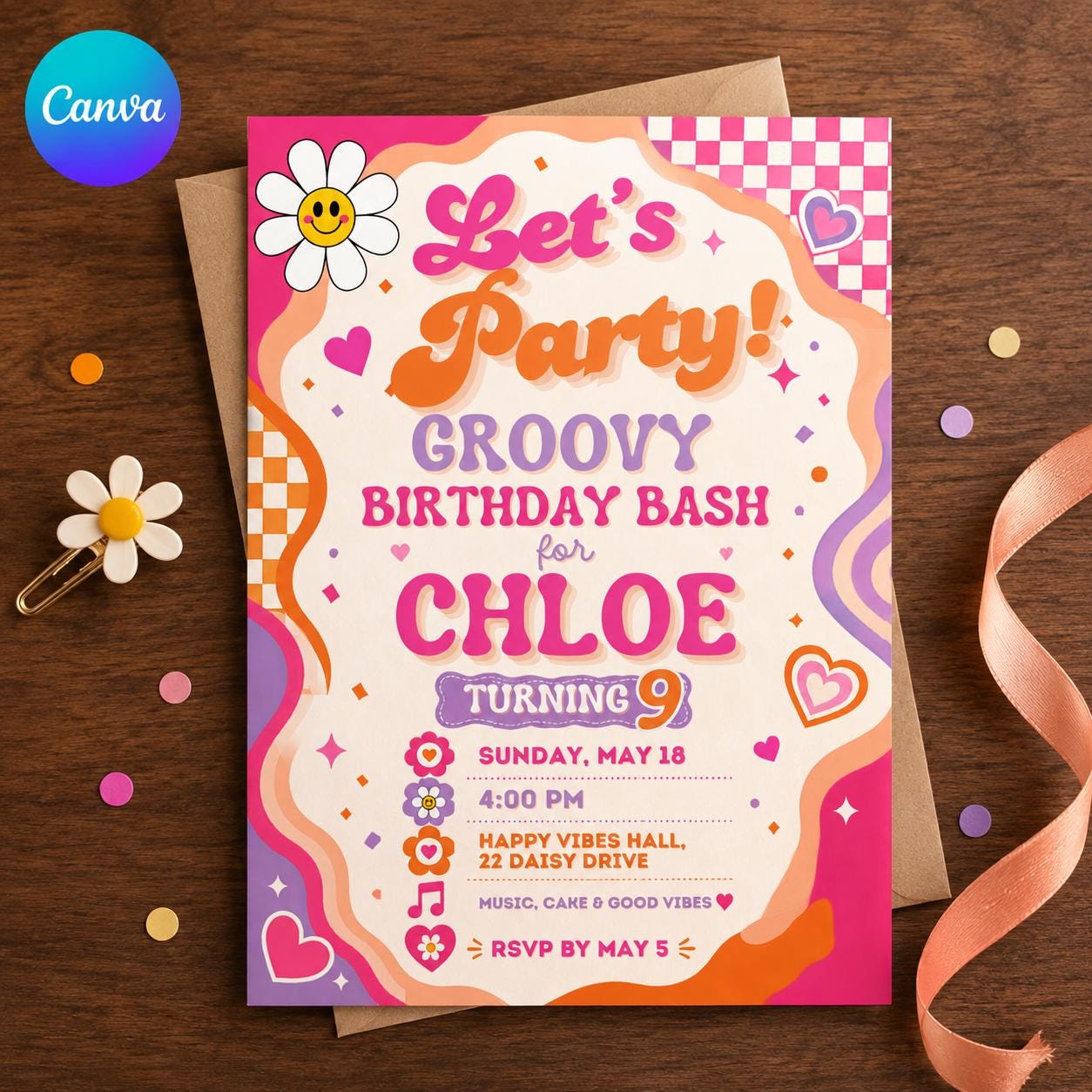 Groovy Birthday Invitation, Retro 70s Girl Party Invite with Pink Orange Flowers, Editable Canva Template
