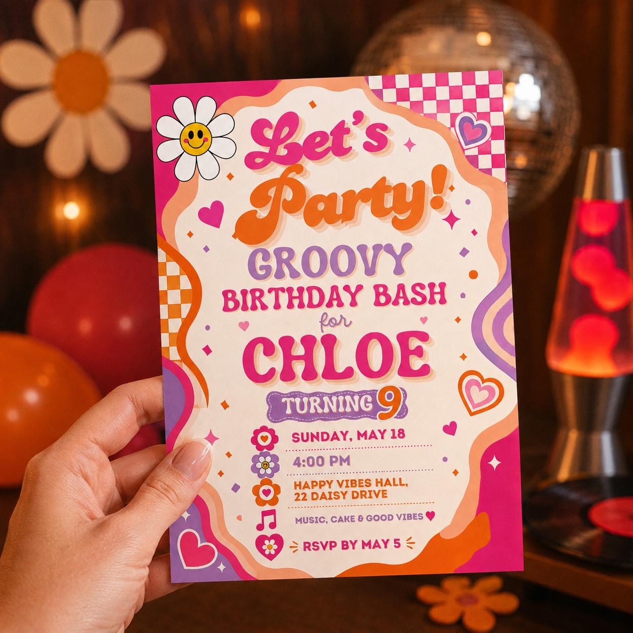 Groovy Birthday Invitation, Retro 70s Girl Party Invite with Pink Orange Flowers, Editable Canva Template - Image 5