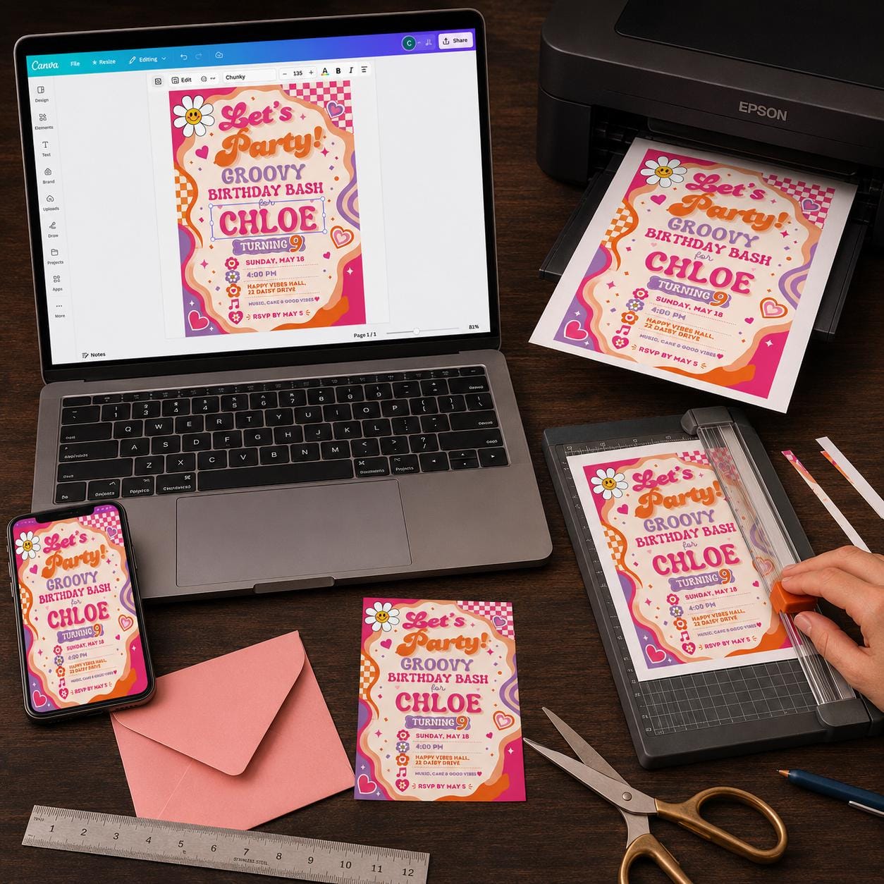 Groovy Birthday Invitation, Retro 70s Girl Party Invite with Pink Orange Flowers, Editable Canva Template - Image 6