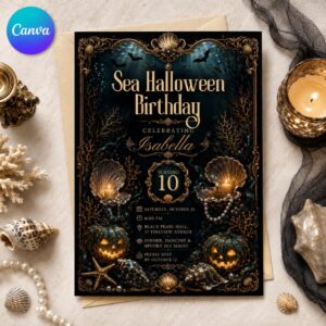 Sea Halloween Birthday Invitation, Dark Under the Sea Gothic Ocean Party Invite, Editable Canva Template