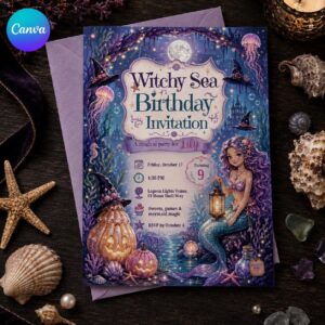 Sea Witch Birthday Invitation, Halloween Mermaid Under the Sea Girl Party Invite, Editable Canva Template