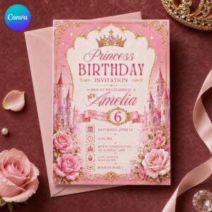 Princess Birthday Invitation, Pink Castle Royal Party Invite for Girls, Editable Printable Canva Template