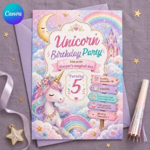 Unicorn Birthday Invitation, Pastel Rainbow Girl 5th Birthday Party Invite, Editable Printable Canva Template