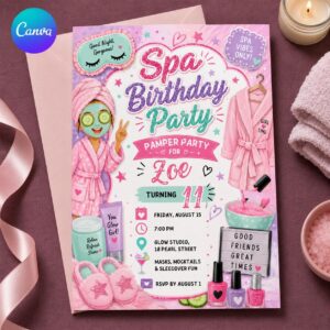 Spa Birthday Party Invitation, Pink Pamper Sleepover Invite for Girls, Tween Spa Night Celebration, Editable Canva Template