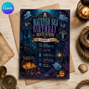 Haunted Pirate Birthday Invitation, Under the Sea Halloween Party Invite, Ghost Ship Treasure Hunt, Editable Canva Template