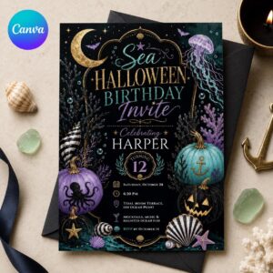 Sea Halloween Birthday Invitation, Gothic Underwater 12th Party, Dark Ocean Editable Canva Template