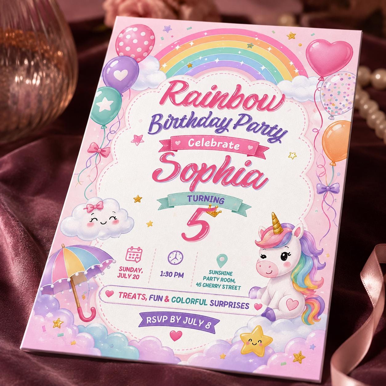 Rainbow Unicorn Birthday Invitation, Pastel Girl 5th Birthday Party, Editable Printable Canva Template - Image 5