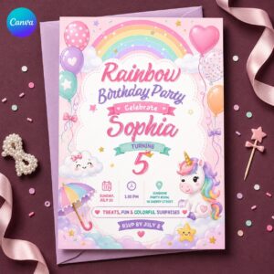 Rainbow Unicorn Birthday Invitation, Pastel Girl 5th Birthday Party, Editable Printable Canva Template