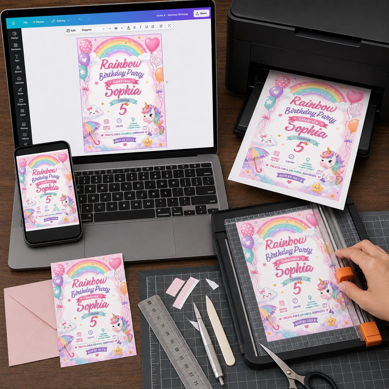 Rainbow Unicorn Birthday Invitation, Pastel Girl 5th Birthday Party, Editable Printable Canva Template - Image 4