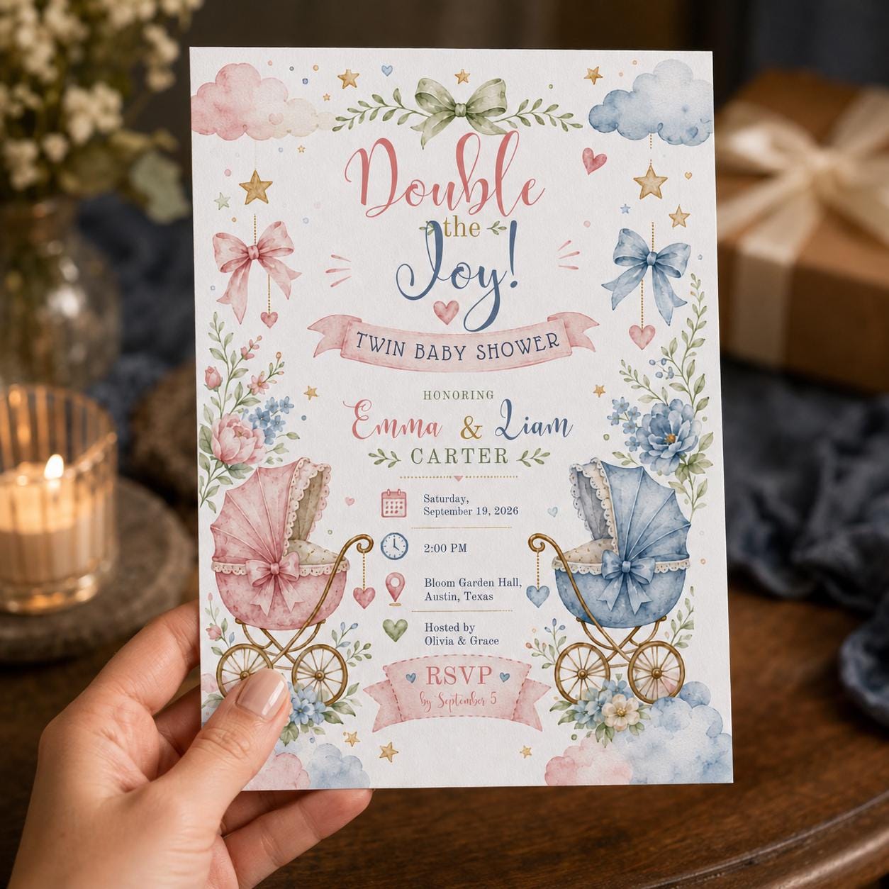 Twin Baby Shower Invitation, Pink Blue Girl Boy Twins, Double the Joy Editable Printable Canva Template - Image 4