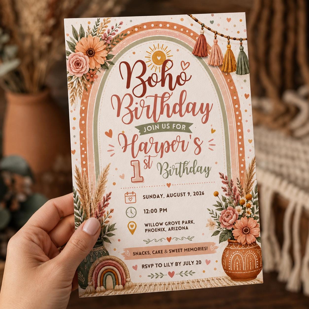 Boho Rainbow First Birthday Invitation, Girl 1st Birthday Floral Party, Editable Printable Canva Template - Image 4