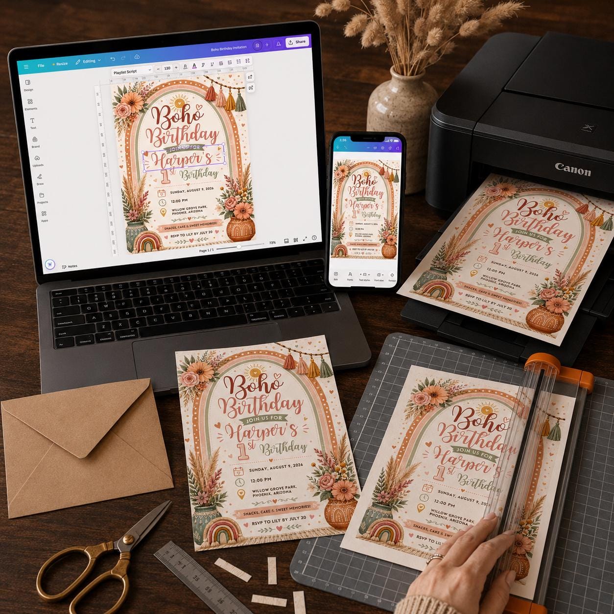 Boho Rainbow First Birthday Invitation, Girl 1st Birthday Floral Party, Editable Printable Canva Template - Image 5