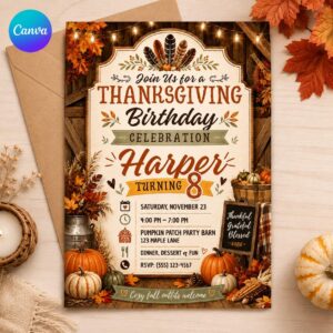 Thanksgiving Birthday Invitation, Rustic Fall 8th Birthday Girl, Turkey Harvest Editable Printable Canva Template