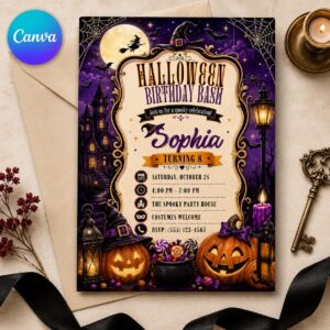 Halloween Birthday Invitation, Purple Witch Haunted House 8th Birthday Girl, Spooky Editable Canva Template