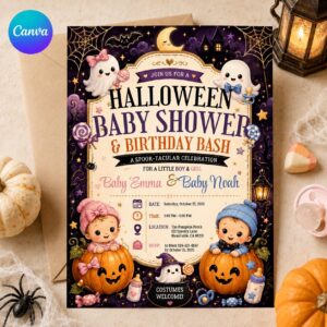 Halloween Twin Baby Shower Invitation, Boy Girl Little Boo Birthday Bash Invite, Editable Canva Template
