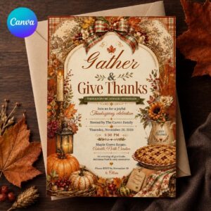 Thanksgiving Dinner Invitation, Rustic Fall Family Gathering Party Invite, Editable Printable Canva Template