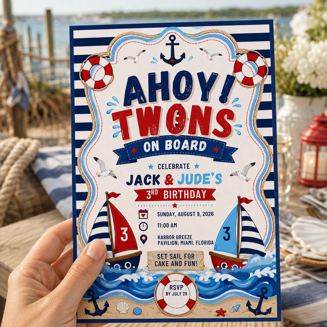 Nautical Twin Birthday Invitation, Ahoy Sailboat Party Invite for Boys 3rd Birthday, Editable Canva Template - Image 5